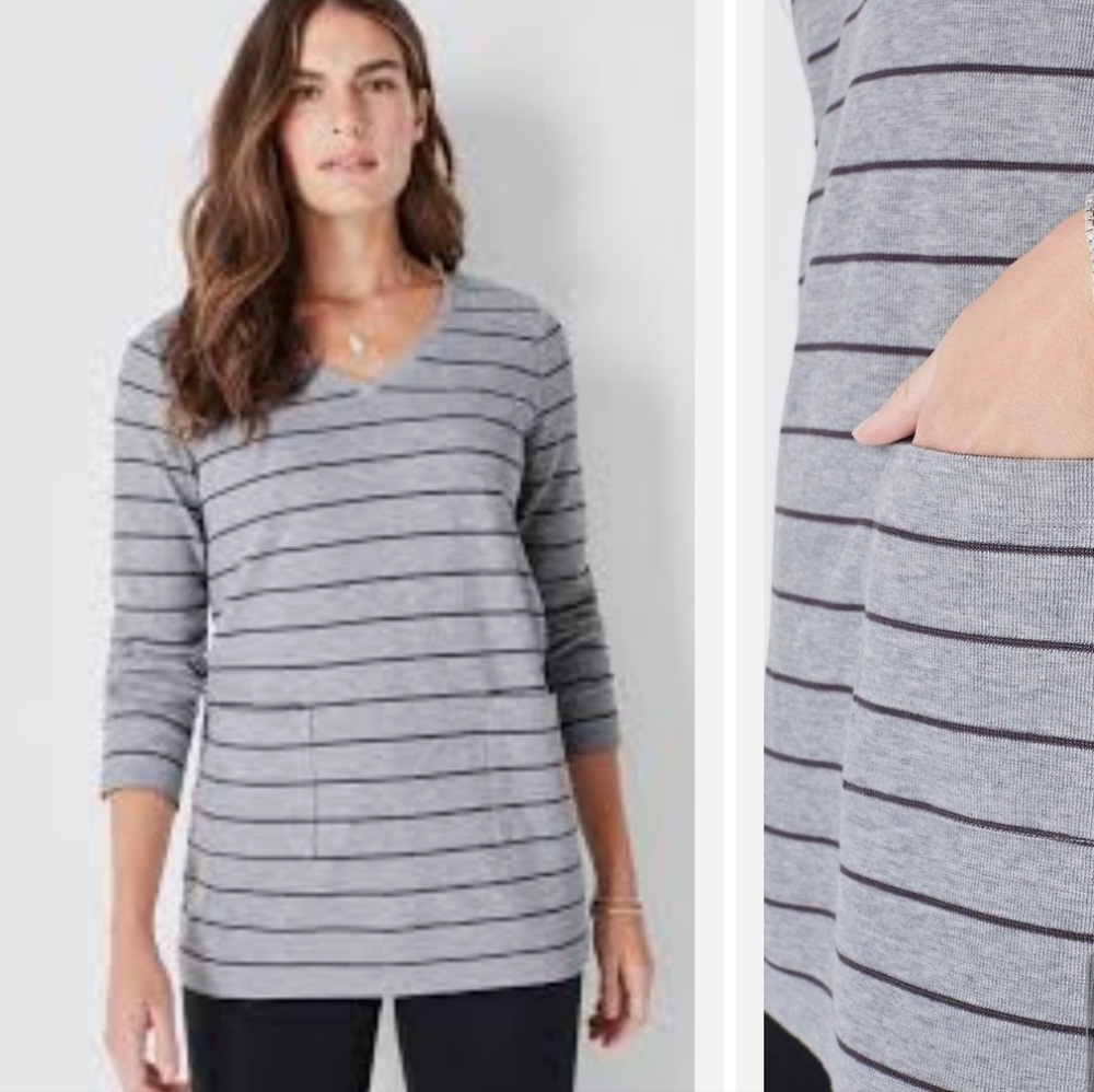 J. Jill Gray and Black Striped V Neck Tunic Shirt Top Sz Small Pullover Pockets